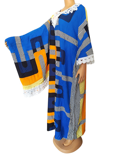 Colorful O-neck Bat Sleeve Kaftan for Women in African Print